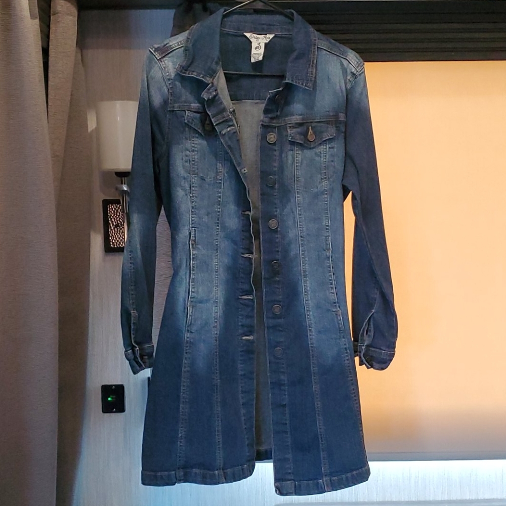 Denim trench coat.